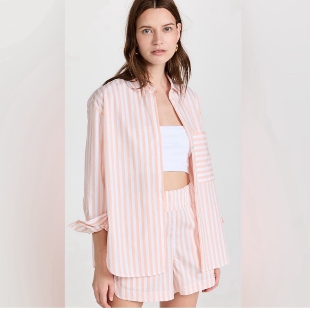 AYR The Deep End Striped Button Up Oversized Shirt in White Peach Pink Stripes